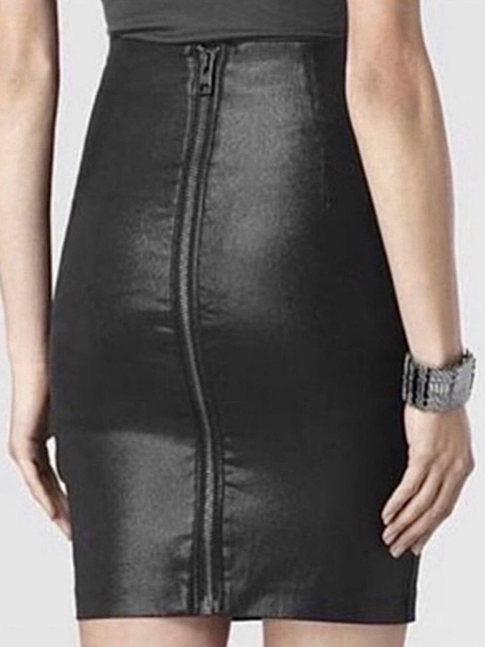AllSaints Black Coated Denim Pencil Skirt US 8 Exposed Zip